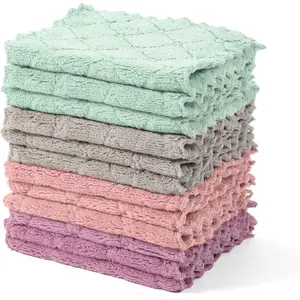 12 Pack Kitchen Dish Cloths, Ultra Soft Absorbent Quick Drying Dish Towels, Nonstick Oil Microfiber Cleaning Cloth, Machine Washable Coral Fleece Cleaning Rags (Multicolor)