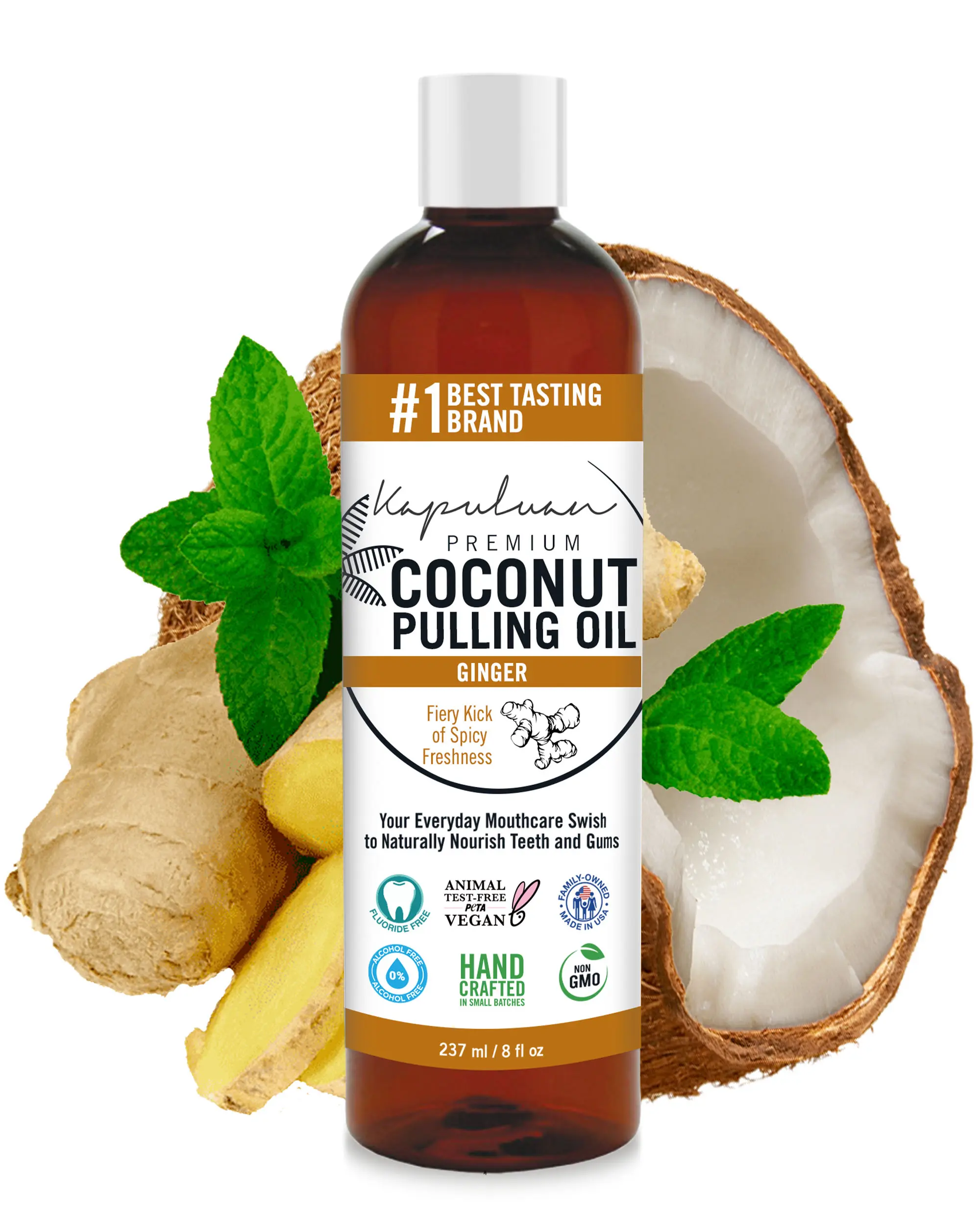 Kapuluan Coconut Pulling Oil Ginger Flavor 8oz - Natural Oral Cleansing Antibacterial Mouthwash Daily Cleanser