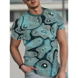 MenS Casual Sports Short-Sleeve T-Shirt, Dark Green Base with White Eye Line Print, Trendy Top, New Summer Model, a Great Gift, PLUS SIZE