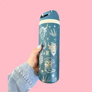 Western Engraved Insulated Flip Straw Water Bottle Cowgirl Boots & Longhorn Design 24oz Leak Proof Tumbler for Outdoor Adventures cowboy trendy drinkware