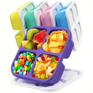 Cute Wheat 4-Grid Snack Container, Easy Open Divided Bento Box, 5-Pack Home Fruit & Snack Box