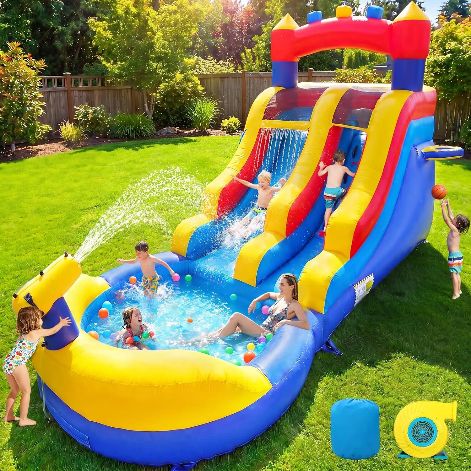 FINCOME Large Inflatable Water Slide 21 * 9.8FT, Commercial 100% PVC Thickened Huge Kids Adults Water Slide with 750W Blower and Easy Use Built-in Water Pipe, Quick Inflation Slide for Birthday Party