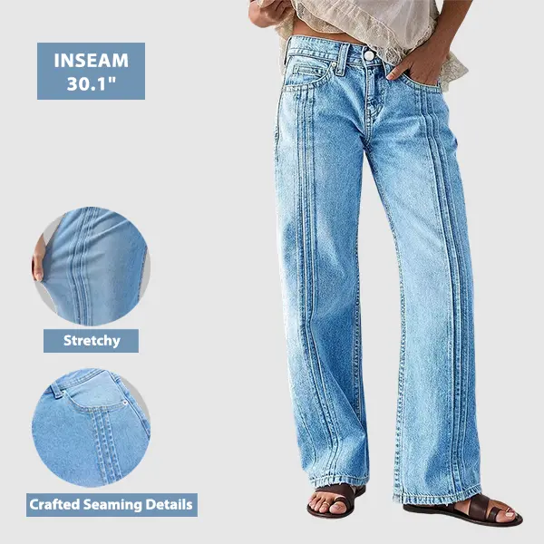 Flamingals Wash Stitch Detail Mid Waist Straight Leg Jeans Stretchy 30.1'' Inseam Flamingals Wash Stitch Detail Mid Waist Straight Leg Jeans Stretchy 30.1'' Inseam