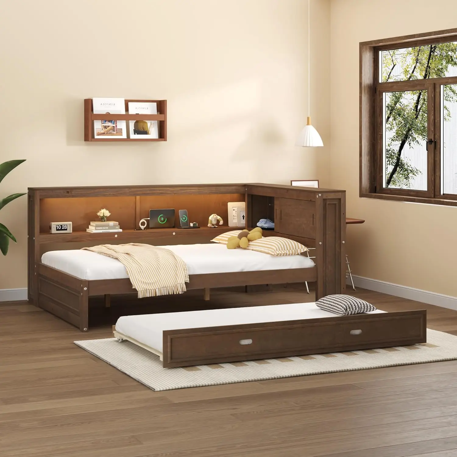 Antique Pine Wood Full-Size Daybed with Pull-Out Bed Trundle - Durable Solid Frame, Storage Shelves, USB Ports, LED Lights, Modern Design, 86.2''L x 65.7''W x 37.7''H, Fire Safety Label, No Box Spring Needed, Assembly Required