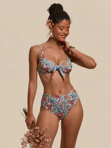 Curvvvy Women’s Floral 2-Piece Bikini Set – Deep V-Neck, High Cut Bathing Suit, Trendy Beach Swimwear