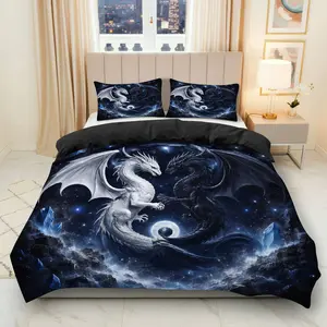 3PCS Duvet Cover Set, 1 Duvet+2 Pillowcases(Without filler), Mystical Dragon Galaxy Fantasy Cosmic Stars theme, Halloween bedding set, Dragon Print Suitable for decoration Bedroom Dorm Living Room Lounge.