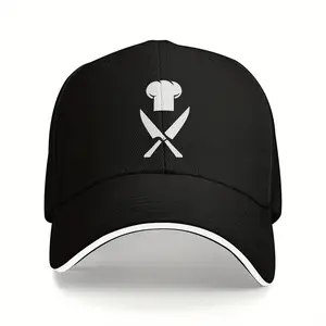 Black Unisex Chef Print Baseball Cap - Stylish Snapback Trucker Hat with Knife & Fork Design for Outdoor Sports, Men's Casual Wear, Outdoor Sports Cap |   Unique Graphic Hat |   Baseball Cap, Baseball Hat