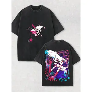 Angel Dust Hazbin Hotel Two Sided Graphic T Shirt Soft Premium Cotton Washed Oversized Short Sleeve Crewneck Unisex Streetwear Casual Daily Outfit Fashion Top Ideal Gift for Cartoon Fandom Superhero Fans