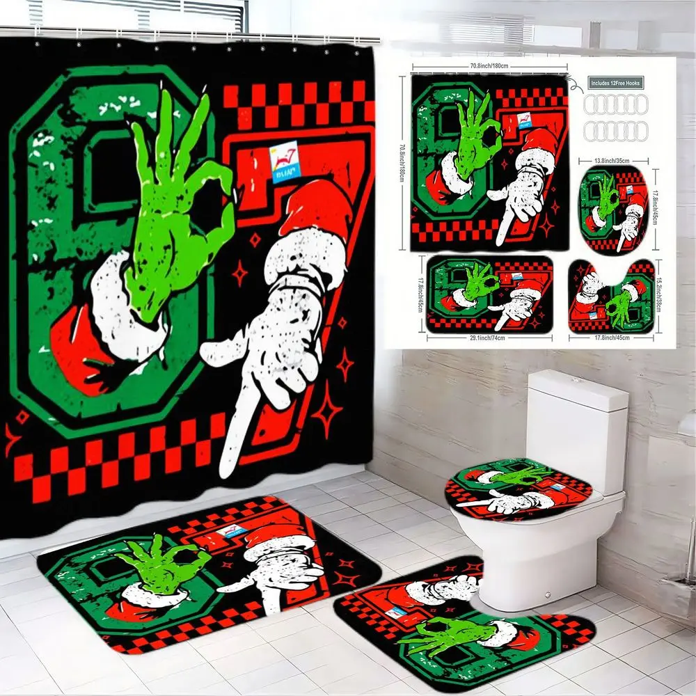 1/4pcs The Grinch Christmas Bathroom Set - Black Shower Curtain with Grinch & Santa Gloved Hand Design, Red/Black Checkered Pattern, Matching Toilet Mat, Rectangular & Accent Bath Mats - Festive Holiday Themed Bathroom Decor