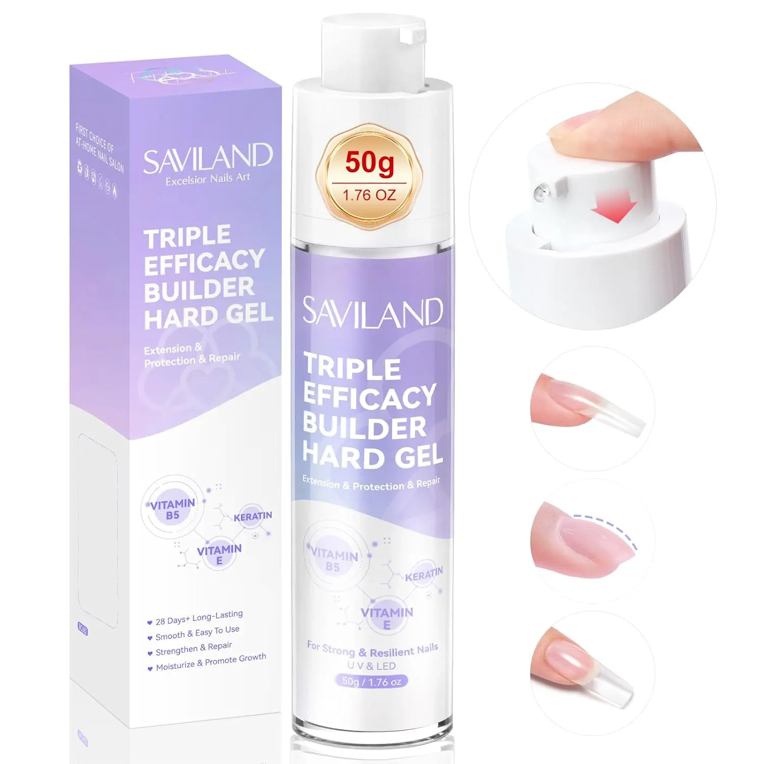 SAVILAND Clear Gel Builder : 50 g Vitamin E B5 Kerain Builder Hard Gel for Nails Extension Strengthen Innovative Pressing Bottle for Thin Damaged Nail Repair&Care