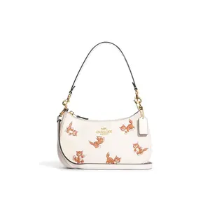 COACH Teri 26 Animal Badge Series Cat Print Leather Crossbody Bag for Women, Chalk White