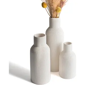 3-Piece White Porcelain Ceramic Flower Vases, Modern Matte Vertical Ribbed, Nordic Minimalist Decor for Pampas, Dried & Fresh Flowers, Living Room Centerpiece, Shelf & Office Accent