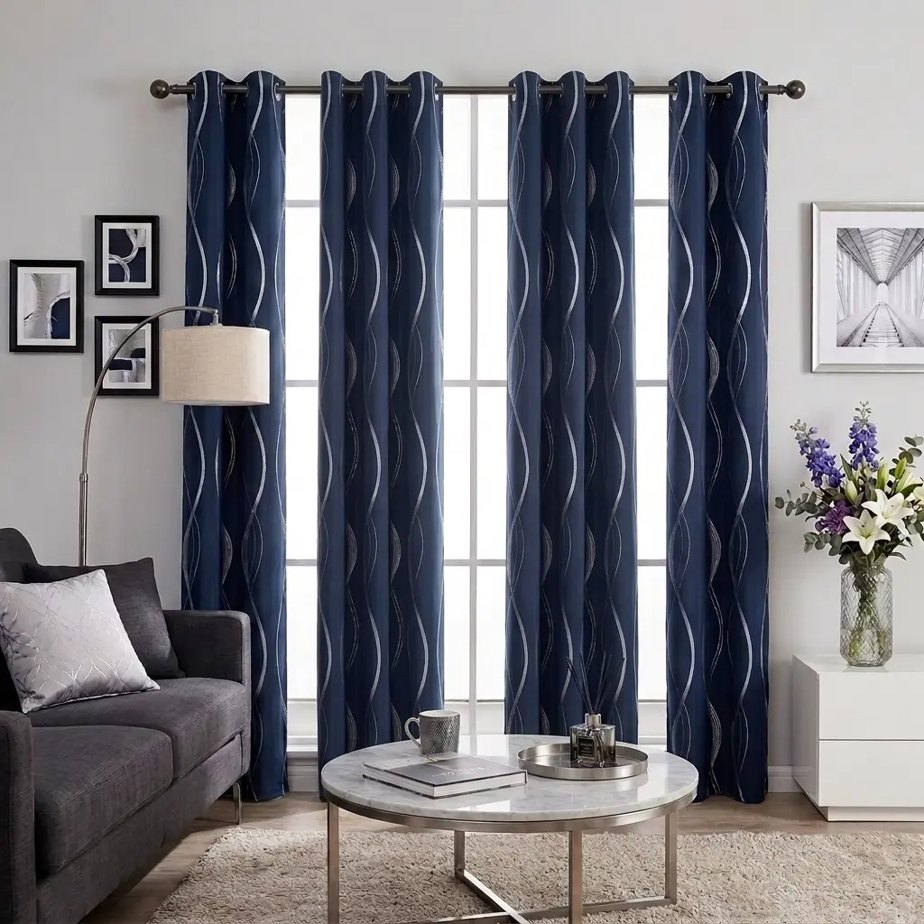 4-Panel Polyester Blackout Wave Curtains - Geometric Stained-Glass Wave Embossed, Thermal Insulation, Sunlight Blocker, Breathable Drapes, Multi-Size for Bedroom, Living Room Decor (On Sale)