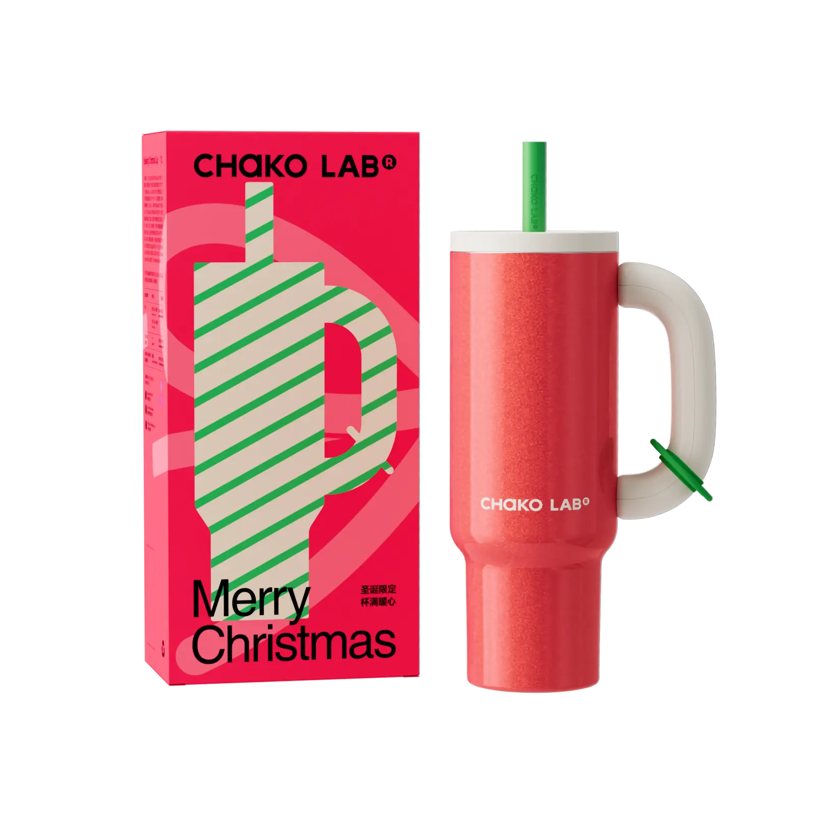 CHaKO LAB Cylindrical Christmas BaWang 35oz (1050ml) Stainless Steel Vacuum Flask Tumbler - 316 Steel Liner, BPA-Free, Insulated, Silicone Straw/Handle, Portable, Cup Holder Friendly, Red & White Printed, Christmas Gift for Adults