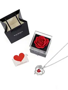 Mother's Day Series Hollow Letter Necklace, Rose Flower Double Layer Drawer Box, Gratitude Blessing Message Card Envelope