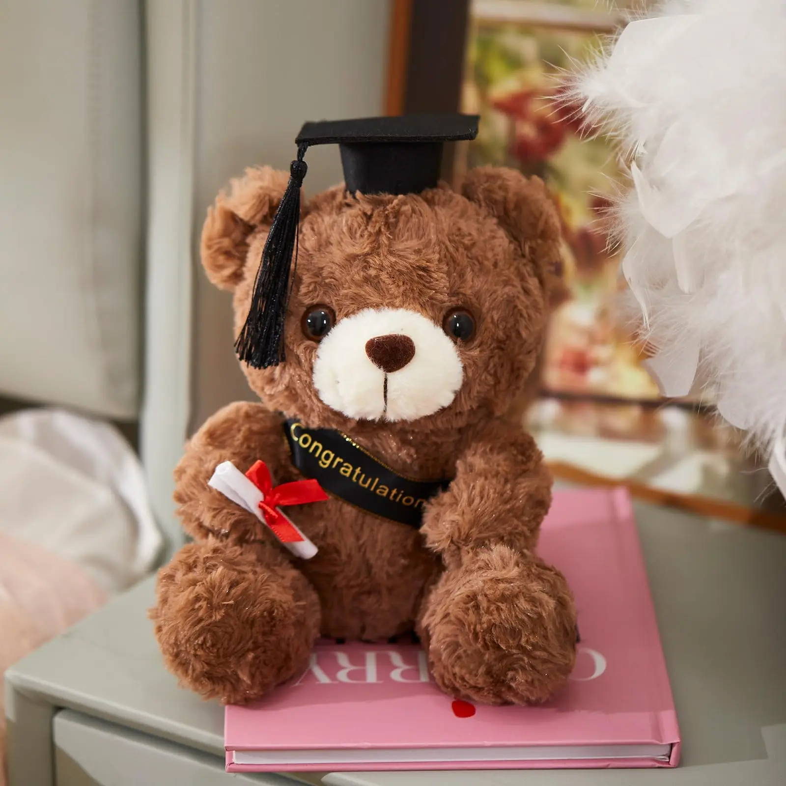 Graduation Teddy Bear Stuffed Animal, Soft Adorable Stuffed, Curly Fur Plush Bear with Mortarboard Hat, Cute Grad Plushie Decor Party Favor Gift, Soft Cuddly Gift, Graduation Bear Gifts