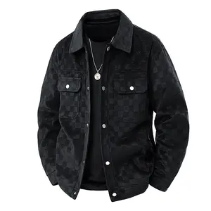 Men's Spring Autumn Winter Daily Outdoor Commuting Black Jacket - Checkered Corduroy Material, Front Button Closure & Chest Pocket Design