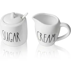 Sugar and Creamer Set, Cream Container and Sugar Holder Set for Coffee Bar, Farmhouse Sugar Bowl with Lid and Spoon, Ceramic Sugar Dispenser and Creamer Pitcher Set for Countertop (White)