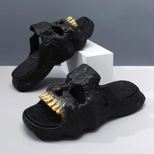 Men's Skull Slide Sandals - Black Gold Teeth Design, Thick Sole EVA Slip-On, Streetwear Summer Slippers, Walking Shoes for Boys,  Fashion