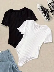 Women's Ribbed Striped Jumpsuit Set, V Neck & Front Pocket Design, Casual Fitted Elastic Fabric, Spring Summer Fall Winter Wear