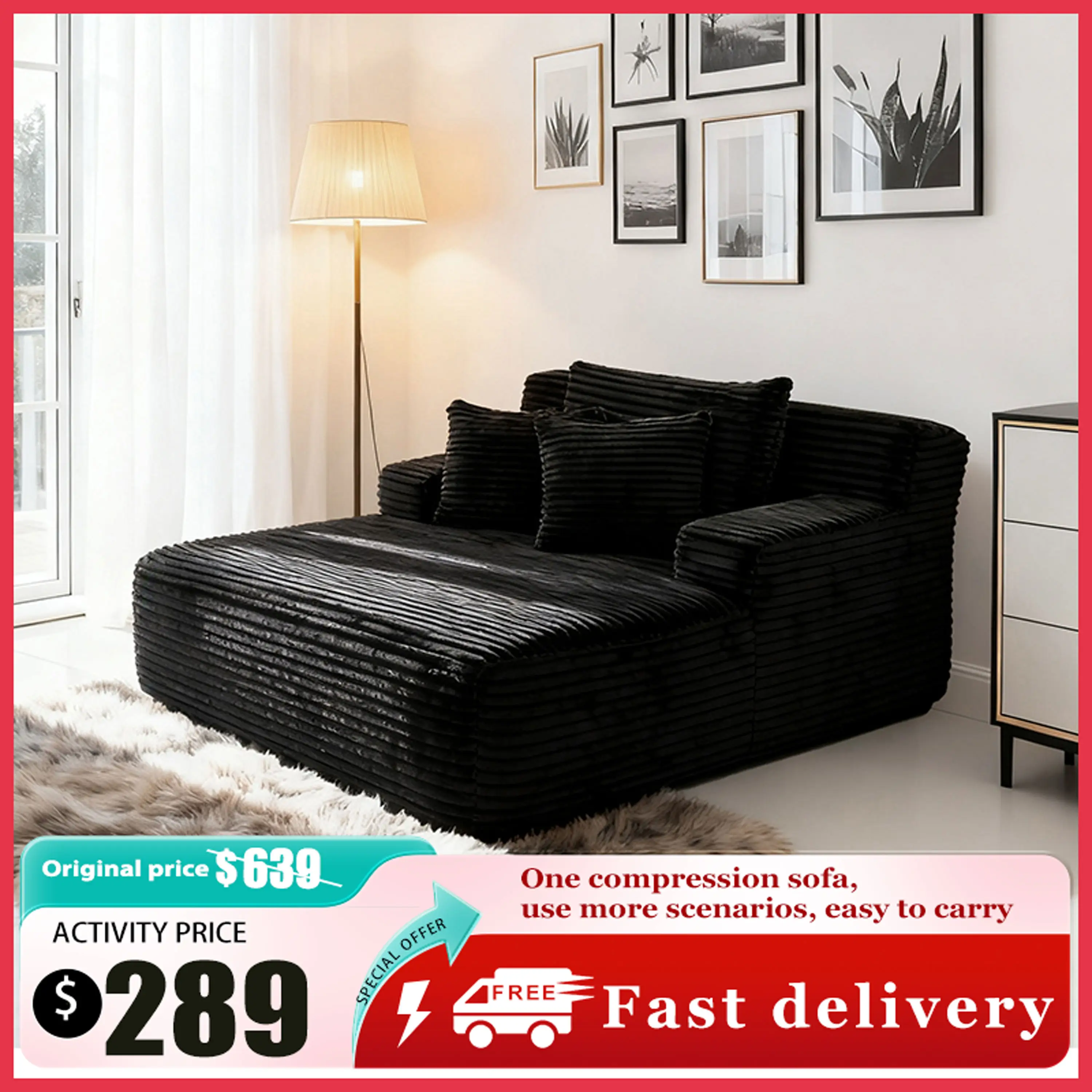 Niccae 64.9'' x 50'' Oversized Chaise Lounge Chair Indoor, Comfy Sofa Bed Couch for Bedroom, Compressed Boneless Couches for Living Room, Plush Cordur