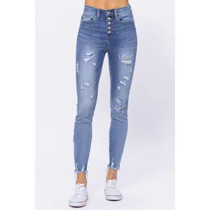 Judy Blue Women's Stretchy Cotton High Waist Destroyed Skinny Jeans with Exposed Button Fly (Style JB82263)