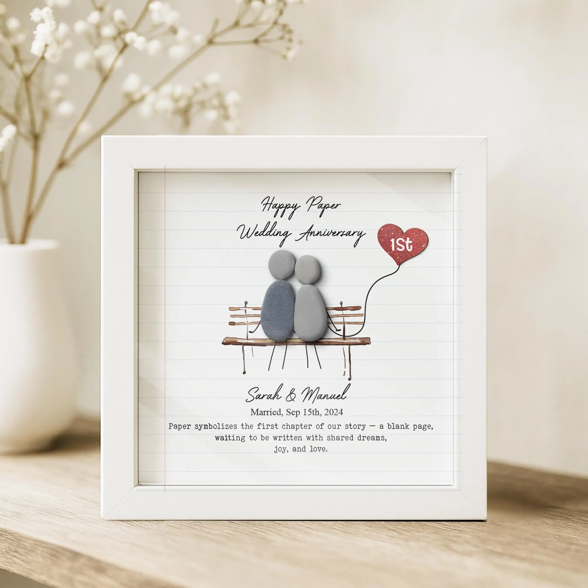 Personalized 1st Anniversary Pebble Frame, Romantic Valentine Gift for Husband or Wife, 1st Paper Wedding, Married 2026, Wedding Anniversary Gift Idea, Anniversary Gifts for Him