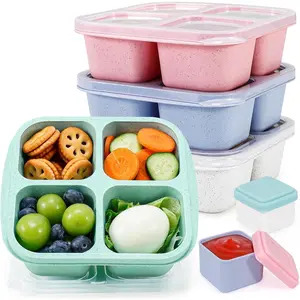 4 Pack Bento Snack Boxes Lunchable Containers for Kids & Adults, Wheat Straw 4-Compartment Reusable Containers for Snacks & Small Meal (Multicolor & Clear Lids)