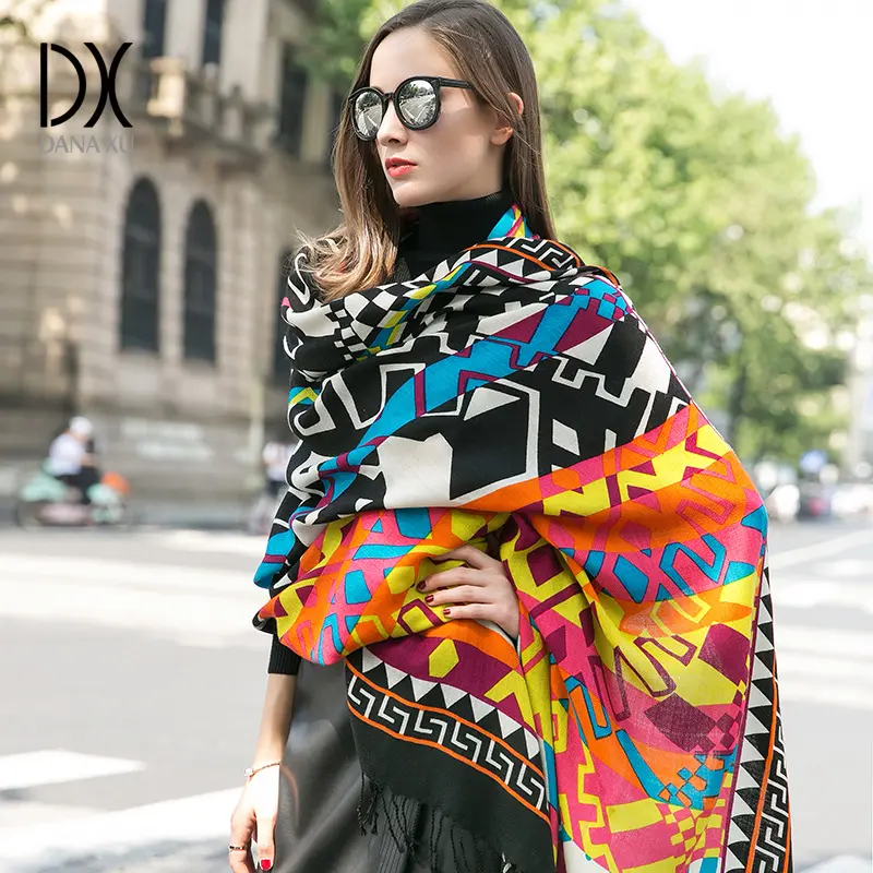 DANA XU 100% Merino Wool Extra Large Pashmina Blanket Travel Scarf Cashmere Wrap Fall Winter Oversize Shawl Floral poncho Women's Open Front