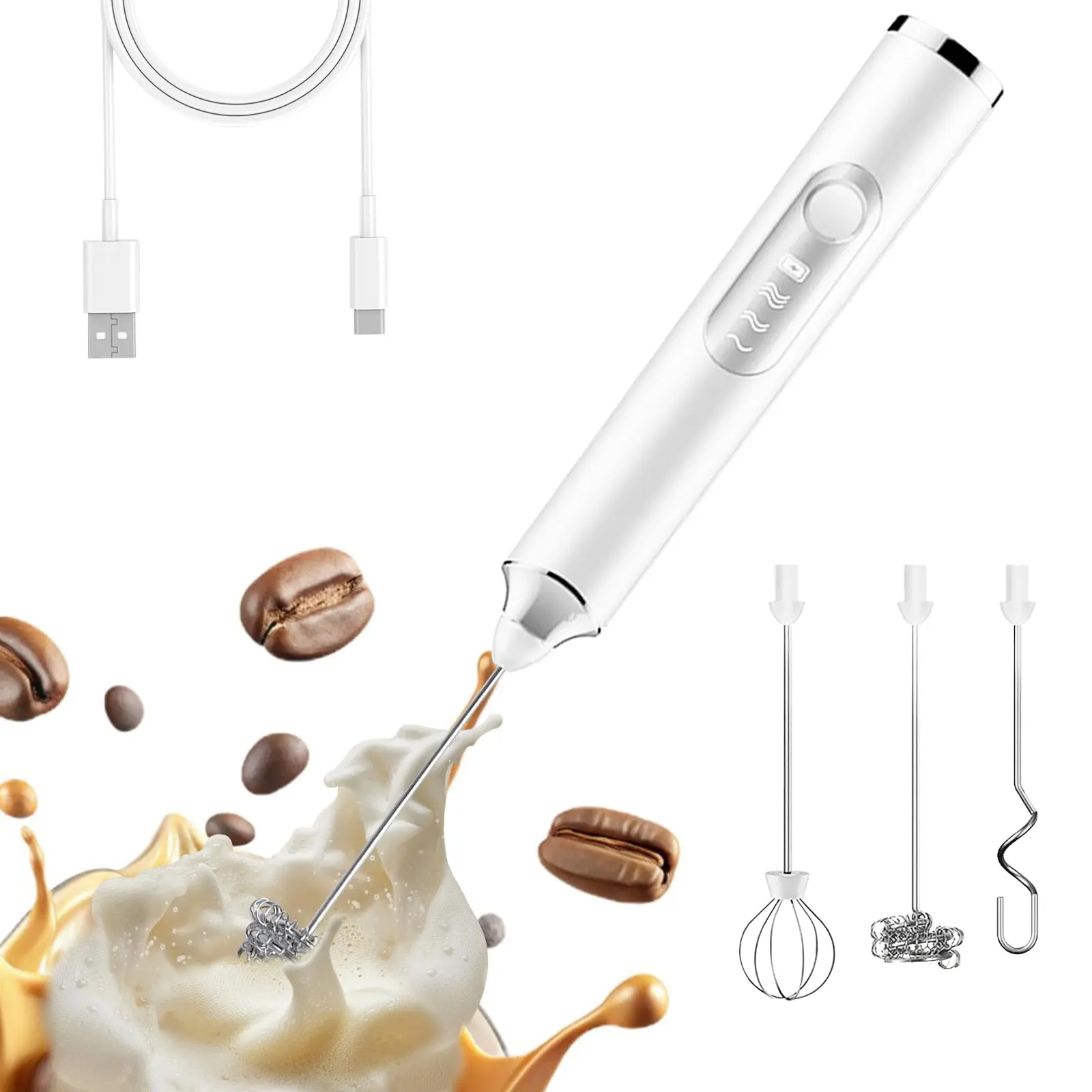 White Rechargeable Cordless Handheld Milk Frother - Button Activation, 3-Head Detachable, 3-Speed Adjustable, USB Charging, Easy-Clean, Dual Placement, Stand Included, Travel-Friendly, Froths Milk for Latte, Cappuccino, Powder Drinks