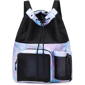 Large Mesh Drawstring Backpack with Shoe Bag, Durable Swimming String Sack with Handle for  Gym Yoga Beach Travel