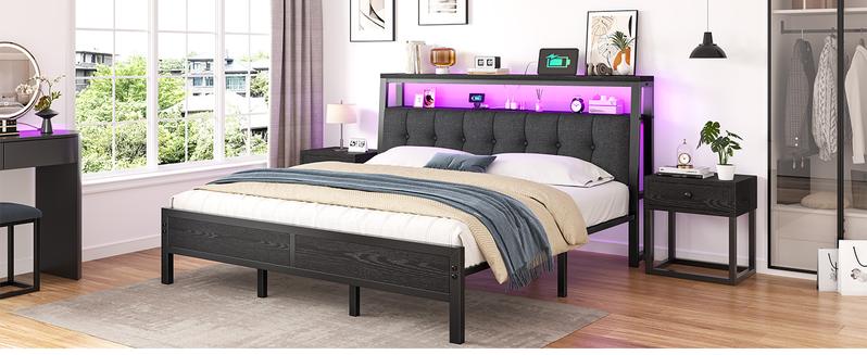 Raybee LED Bed Frame with Charge Station for Queen, Full, King, Platform Bed Frame with Upholstered Ergonomic Heardboard , 2 Tiers of Shelves & 12" Underbed Storage, Industrial Modern Bedroom Furniture, 1000lbs Capacity with Metal Slats & Frame, Black