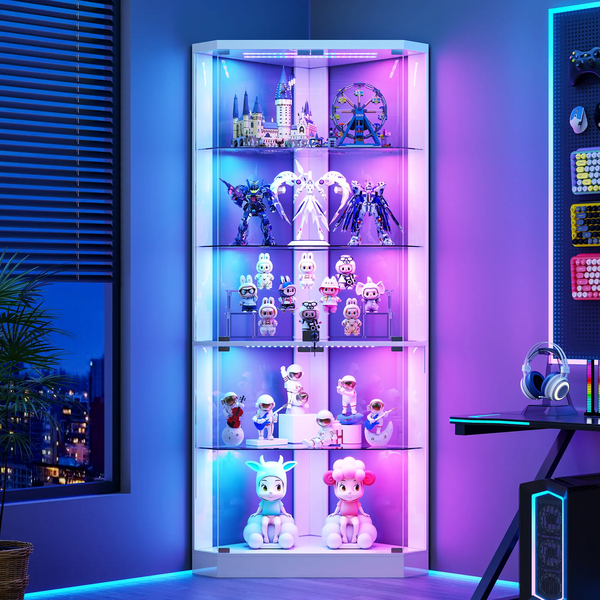 Dystler Modern Corner Display Cabinet with RGB Magic & Static Lights, 5-Tier Lockable Curio Case, 69" Tall Glass Shelf to Light Up Your Space, Living Room Collectibles Storage Bookcase
