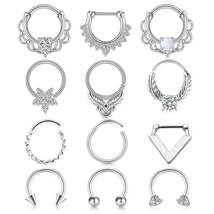12Pcs 16G18G Septum Rings Hoop Set for Women Men, 316L Stainless Steel Clicker Nose Rings, CZ Opal Feather V-Shaped Horseshoe Septum Jewelry, Silver Daith Helix Cartilage Piercing Earrings