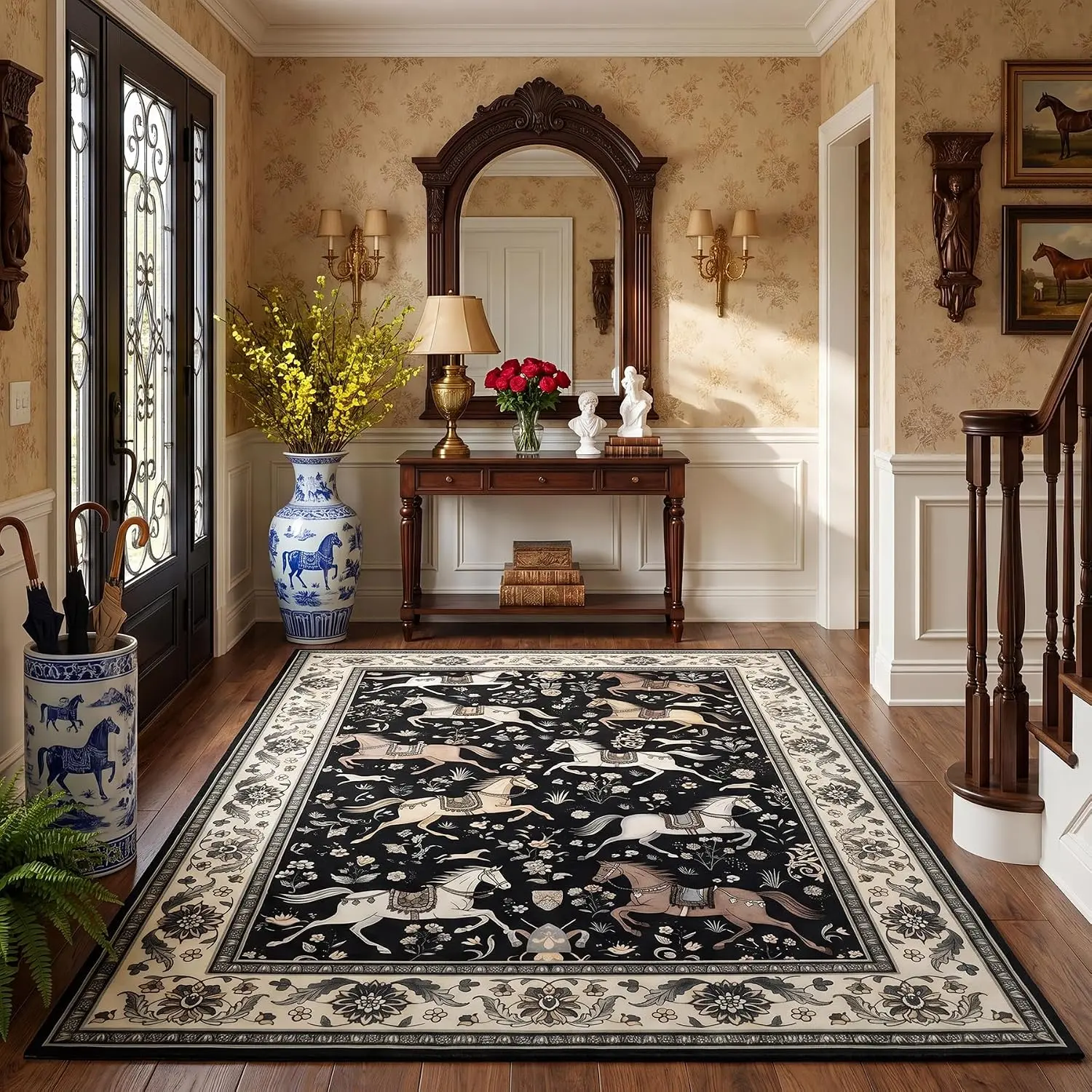 Tribesigns 5x7 Black Boho Horse Print Washable Rug for Living Room | Soft, Non-Slip, Low-Pile Vintage Equestrian Area Rug for Bedroom, Dining Room, Office and Playroom, Includes 4 Rug Grippers