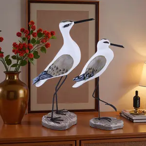 2pcs Large & Small Wooden Seagull Sculpture - 8.6/7.6 Inch Traditional Carving, Thick Stable Base, Mediterranean Nautical Decor for Home Balcony Office, Natural Appearance Gift