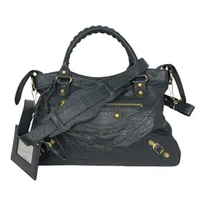 Pre-owned Balenciaga Lambskin Leather Shoulder Bags Town Gris Fosille Shoulder Bag with Gold Hardware and Tassel Embellishments