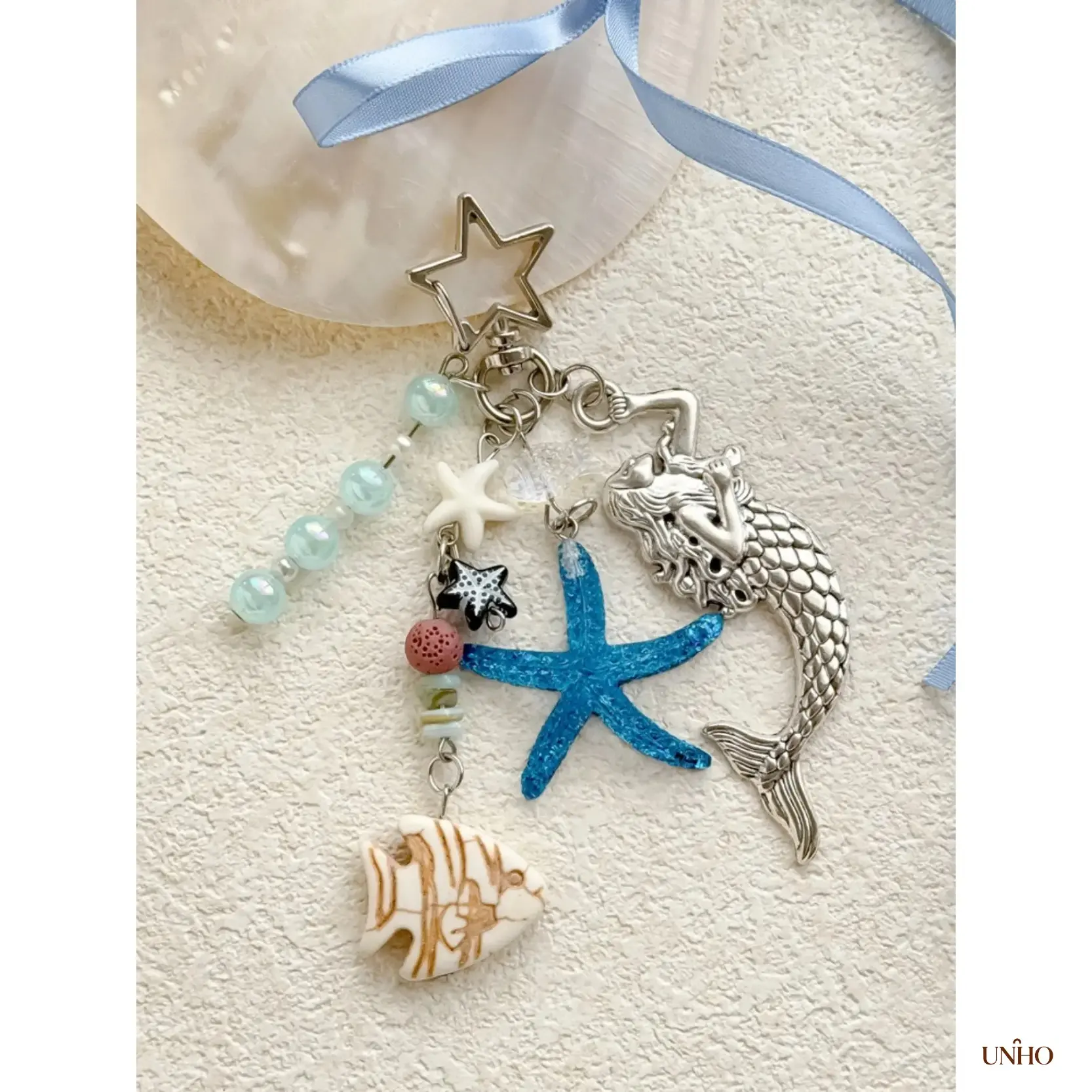 Coastal Mermaid Shell Starfish Wind Bead Key Ring Bag Charm, Unique Ocean Aesthetic Pendant, Stylish Practical Versatile Decor Accessory For Handbags Daily Car Keys