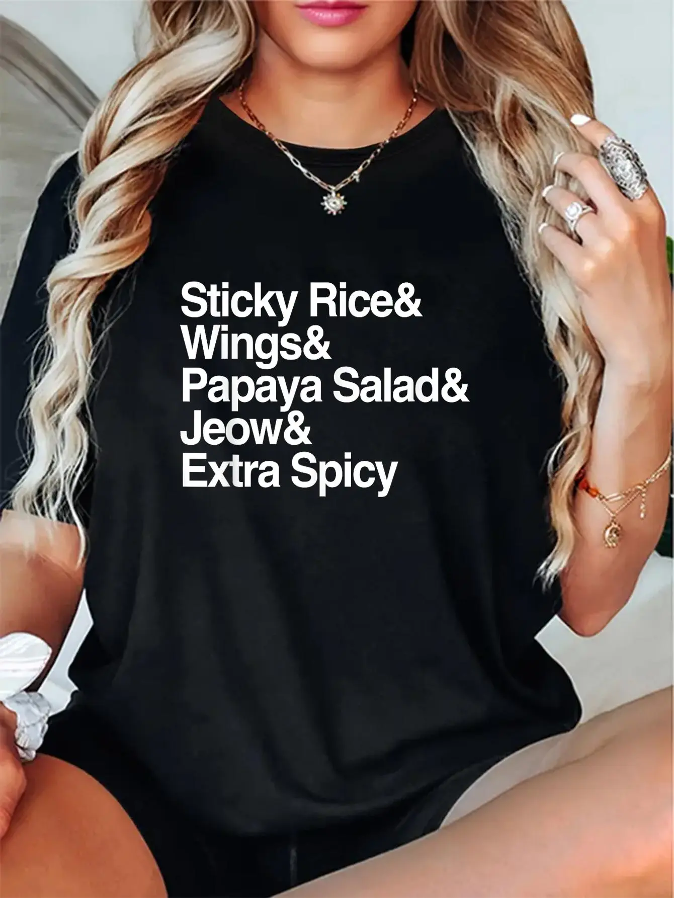 Women's Laos Sticky Rice Graphic Top - 100% Breathable Soft Cotton, Relaxed Loose Fit, Short-Sleeve Round Neck, High-Def Print, Asian Food Travel Vibe, Casual Everyday Wear, All Seasons, Check Size Chart