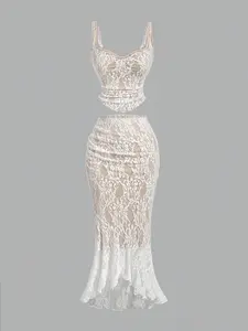 Lace Tank Top & Mermaid Skirt Set, Dreamy Formal, Party Dress, Cruise Wear, 90s Style, Fall Fashion, Korean Trend, Bridesmaid Set, Evening Gown, Birthday Dress, Back-To-School, Ruffle Set, Renaissance Style