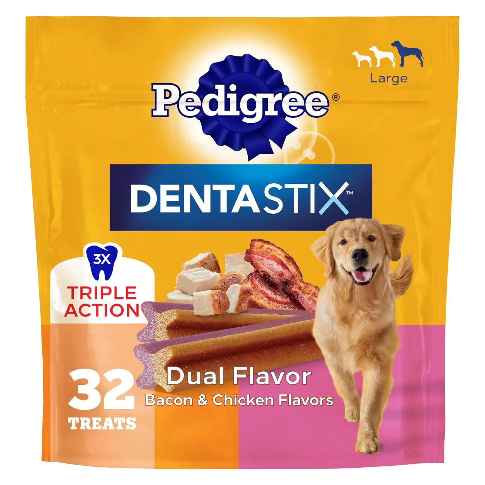 Pedigree Dentastix Large Breed Dental Dog Treats, Dual Flavor, 32 Count Bacon & Chicken Flavors, triple action dental care, reduces tartar, cleans teeth, freshens breath, for dogs 40+ lbs