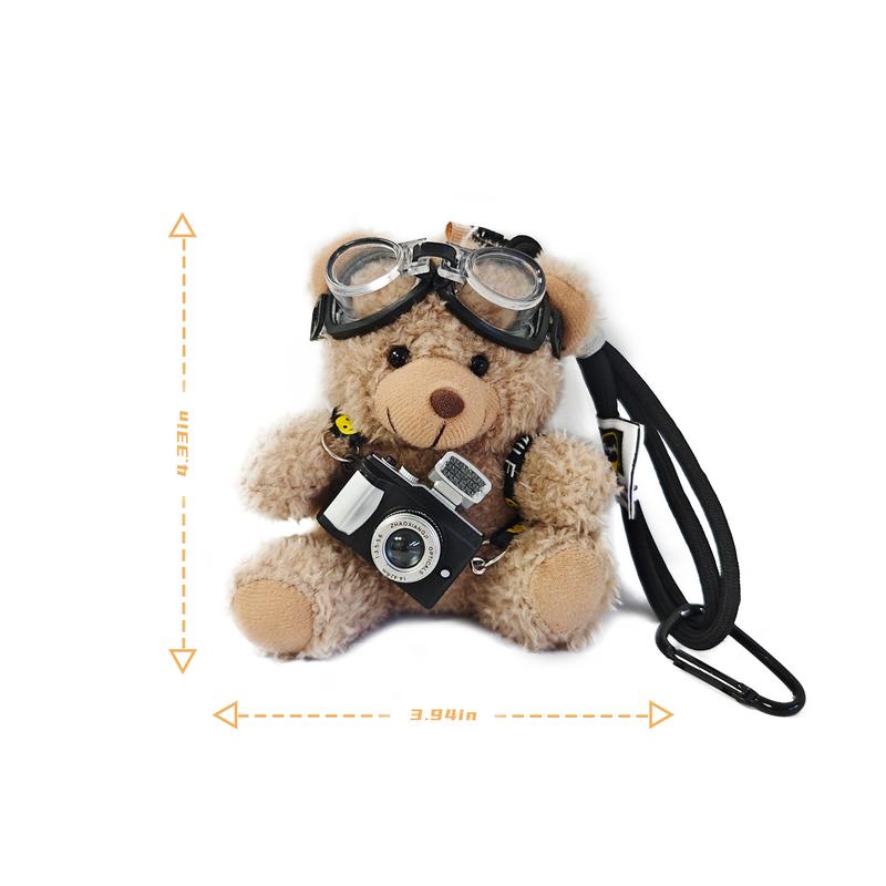 Cute Bear Bag Charms Plush Keychain with Flash Camera & Glass for Handbags Purses Totes Backpacks