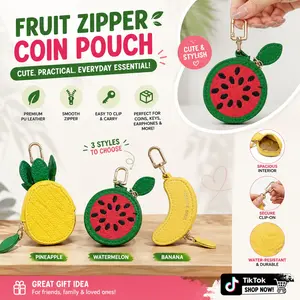 Cute Fruit Zipper Coin Purse, High-Grade PU Leather Mini Wallet with Keychain Hook, Pineapple Watermelon Banana Earphone Case, Gift Accessory