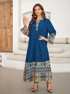 Elegant Women's Floral Pattern Printed Long Robe Abaya, V Neck Elegant Mid-Length Sleeve Dress, Loose-Fit, Modest, All Seasons Wear, Comfortable and Stylish, Perfect for Daily Wear