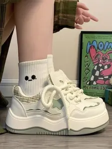 Wavy Edge Platform Sneakers for Women, 3 Colors Available Black White Panda Chunky Shoes, Lace Up Casual Walking Shoes with Height Increase, Cute Kawaii Fashion Sneakers