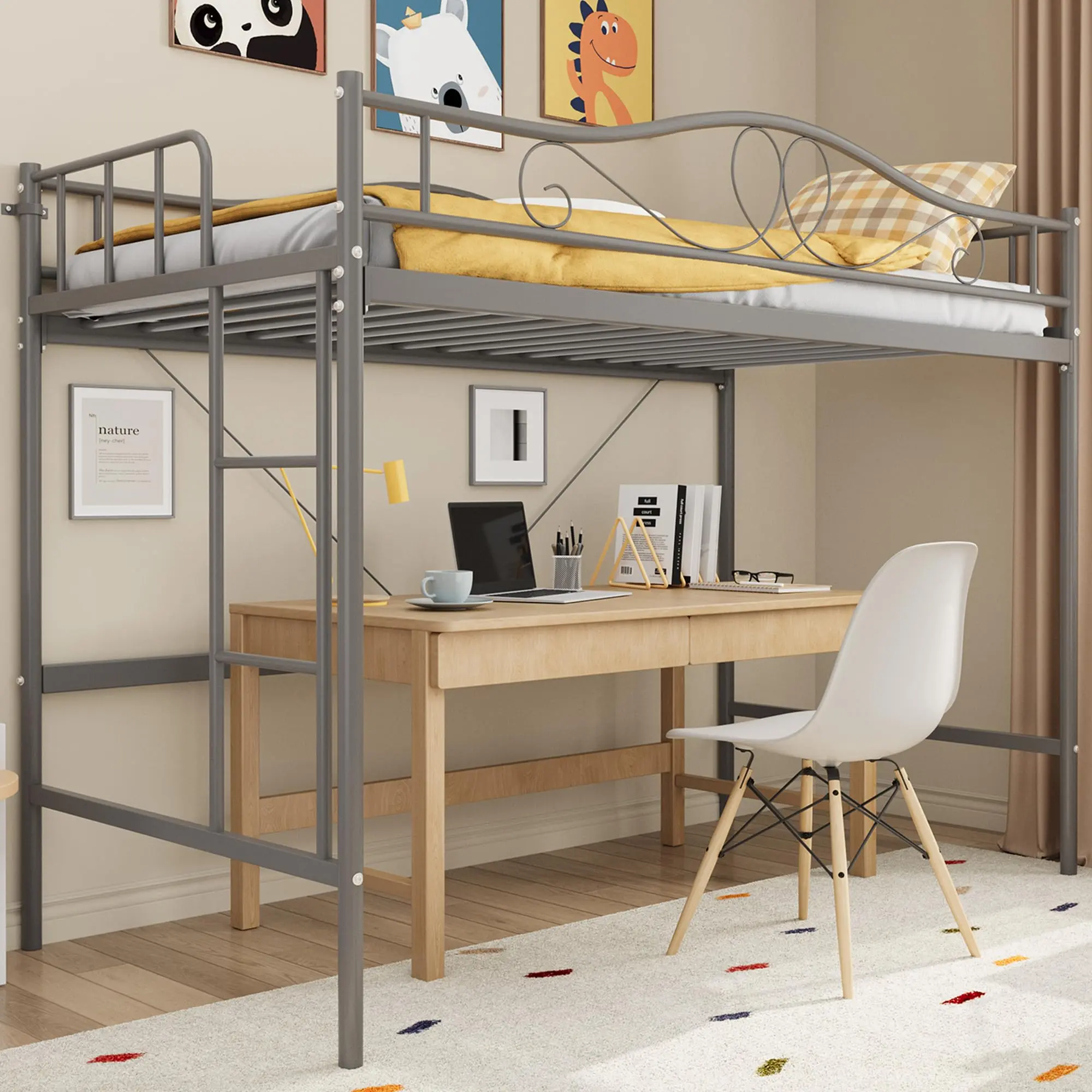 GARVEE Grey Twin Loft Bed - Adjustable Ladder, Full Safety Guardrail, Heavy-Duty Metal Frame, 400 lbs Capacity, Space-Saving Design, No Box Spring Needed, Noise-Free