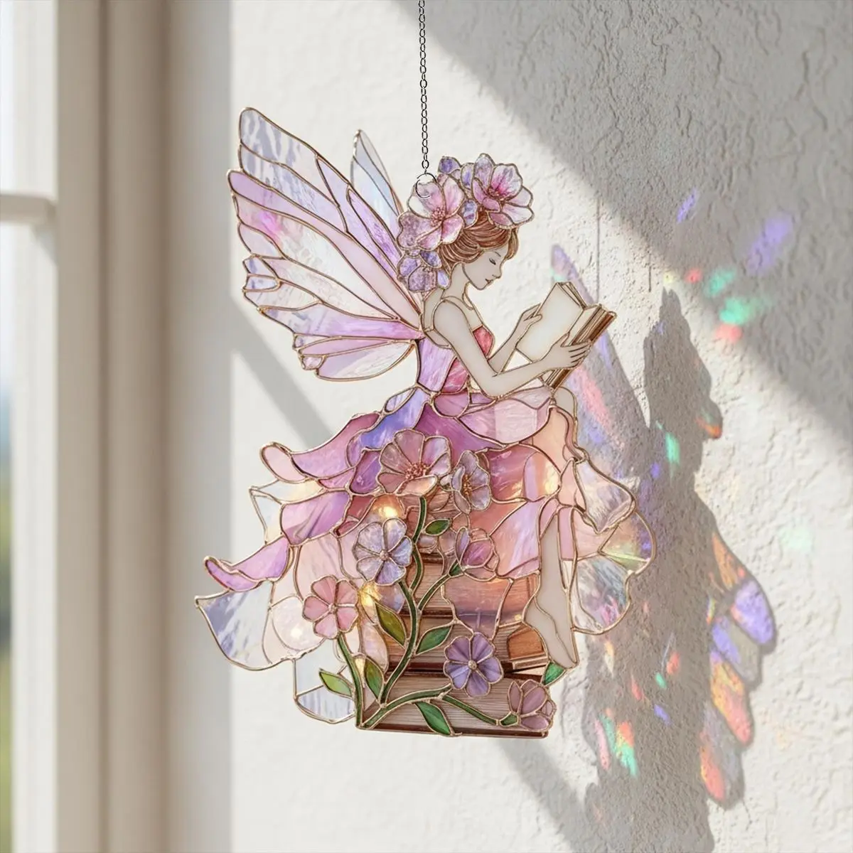 Reading Fairy Cottagecore Stained Glass Suncatcher Window Art - High-Quality Iridescent Glass Decor - Enchanting Gift for Book Lovers, Garden Enthusiasts & Whimsical Home Aesthetic