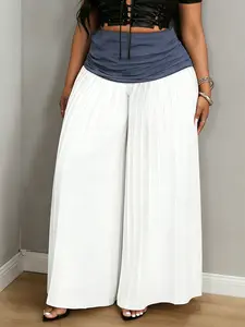 Women's Plus Size Ruched Patchwork Wide Leg Pants Bottom, Casual High Waist Long Trousers, Comfortable and Stylish Fashion Apparel