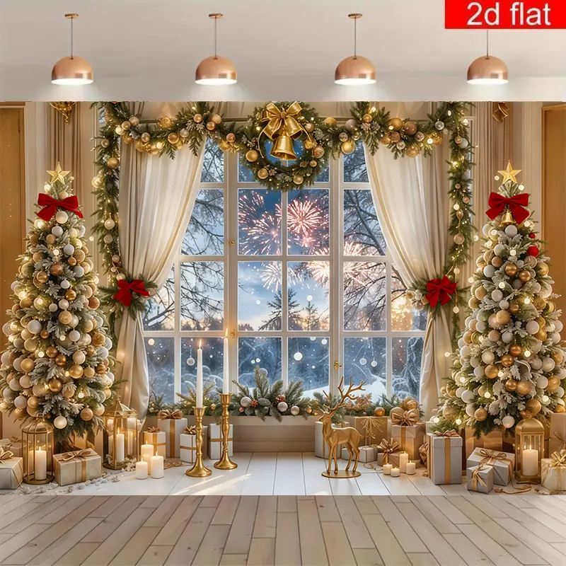 Luxury Gold-Themed Christmas Photo Backdrop Banner - Lightweight Gold Arch Festive Backdrops & Banners with Trees, Gifts, Festive Decor for Elegant Holiday Ambiance, Business Party Background, Room Decor