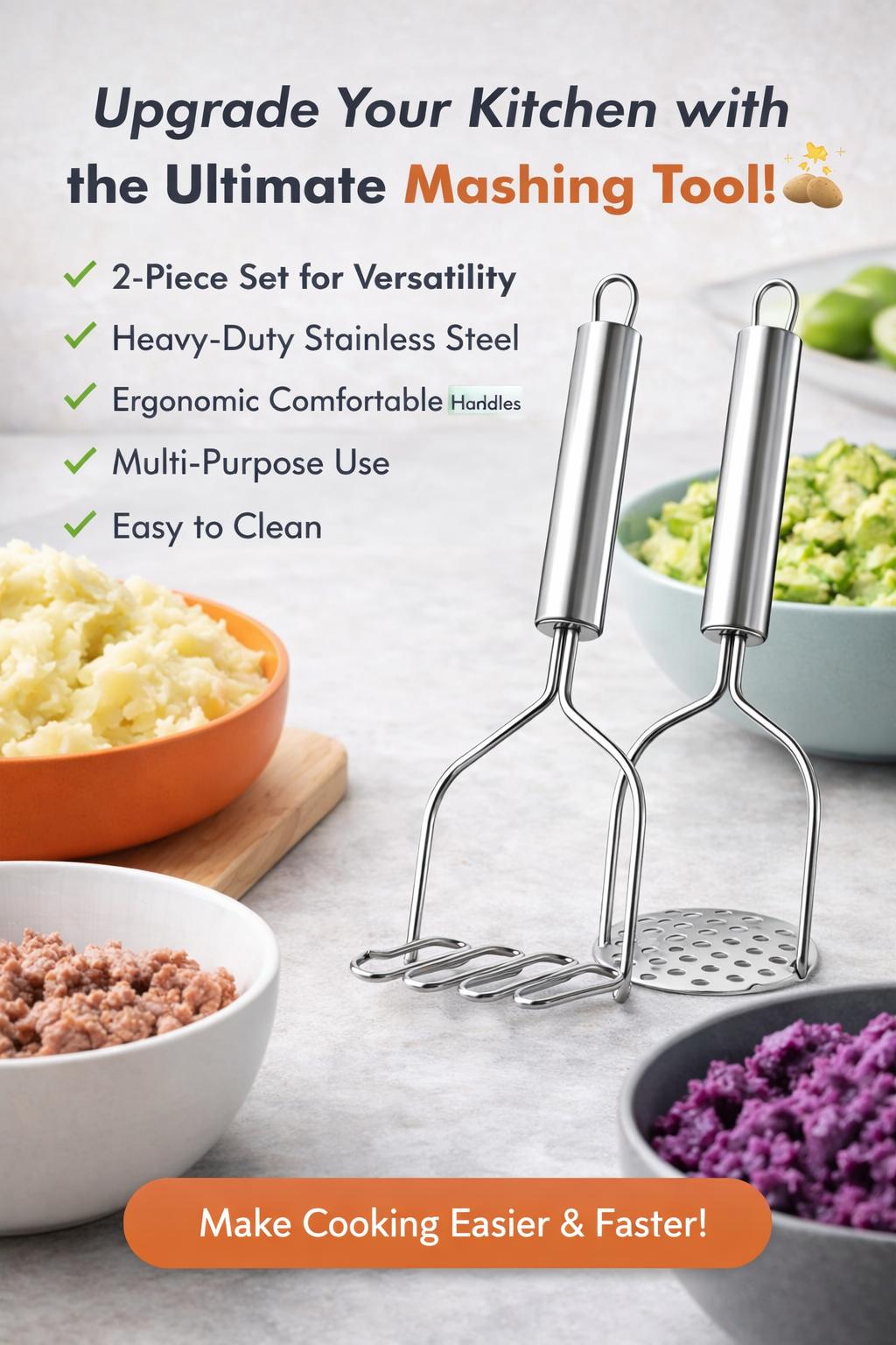 2PCS Stainless Steel Potato Masher Set – Heavy Duty Kitchen Masher for Potatoes, Avocado, Ground Beef & Vegetables